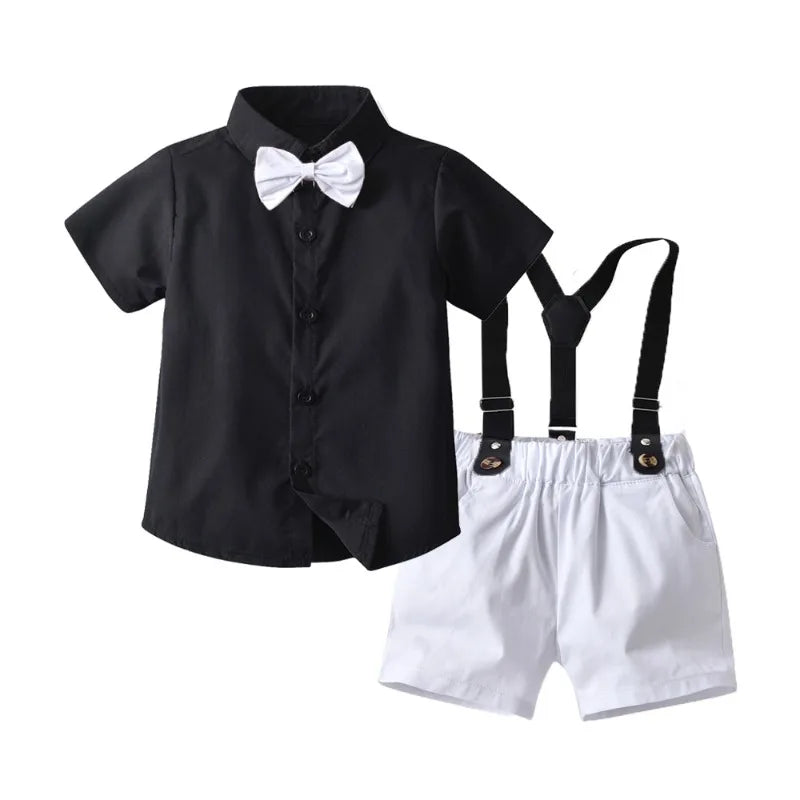 Boys' Formal Outfit Set with Short Sleeve Shirt Bow Tie Suspenders and Shorts Elegant Suit for Wedding and Halloween Party