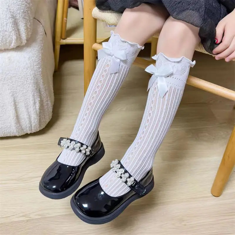 Girls Long Tube Lace Stockings Sweet Bow Jacquard Pattern Mesh Sock Baby Girl Ballet Fishing Net Frilly Socks Lolita Leggings