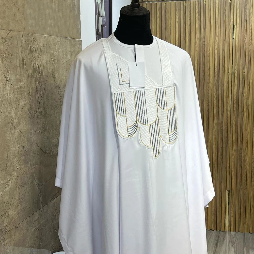 H&D New African Clothes for Men Bazan High -Quality Embroidery Robe Shirt Pants 3 PCS Set White wedding Party Ramadan Clothing Beauty hair & fashionfj