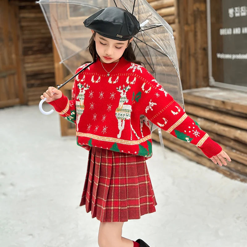 Christmas teen Girls clothes Set red Deer Sweater+plaid pleated skirt 2pcs 4-14 junior kids suit children outfits ensemble fille