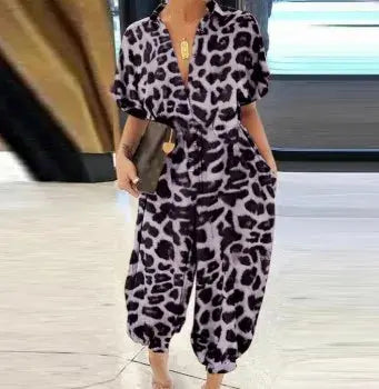 Women's New Jumpsuit Long Fashionable Leopard Print Jumpsuit Women's Retro Short Sleeved Button Casual Loose Pants Jumpsuit Beauty hair & fashionfj
