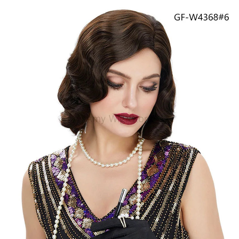 Vintage Short Curly Wig 1920s Gatsby Accessories Women Side Part Hair Body Wave Gold Blonde Black Brown Party Cosplay Costume