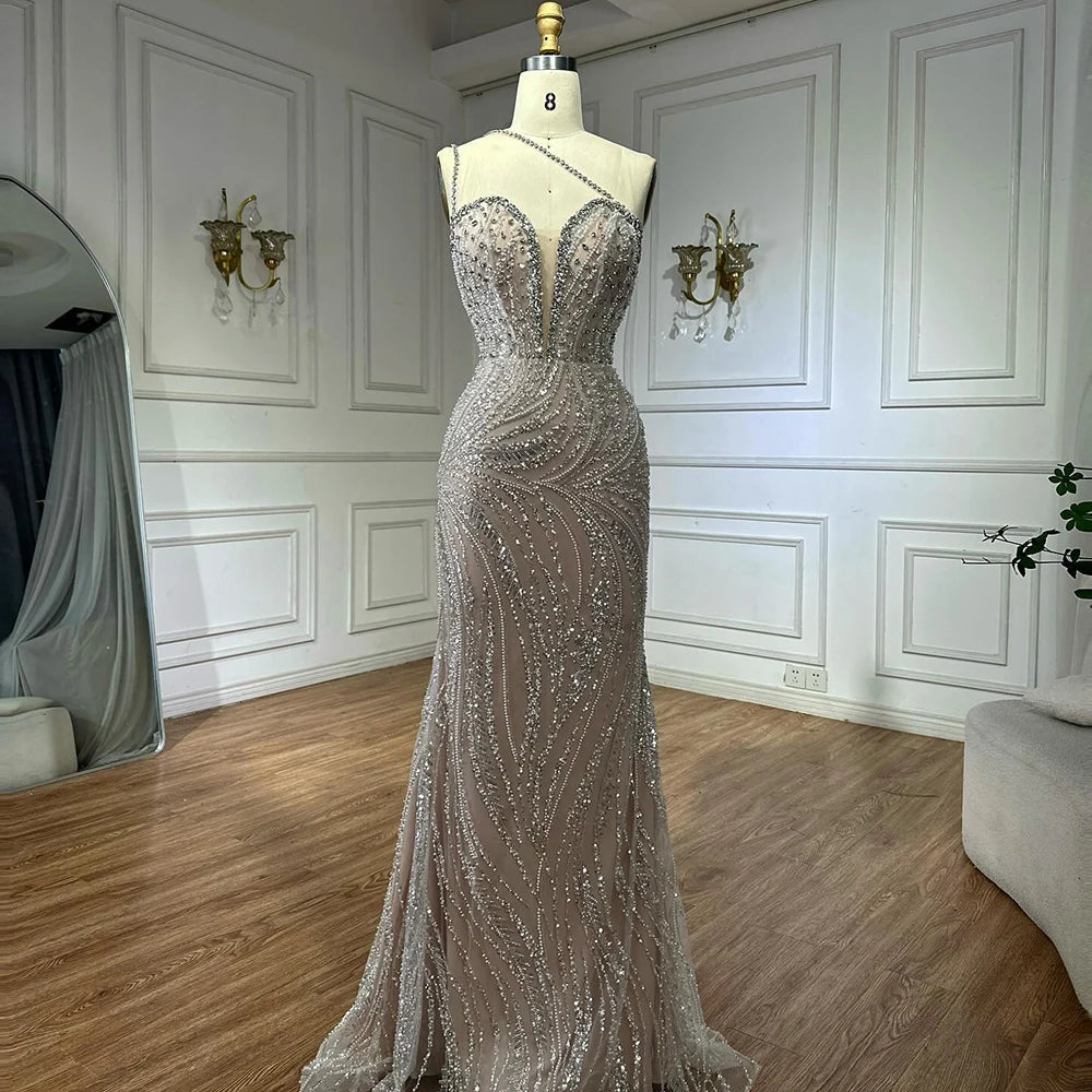 Serene Hill 2025 Customized Nude Beaded One-Shoulder Evening Dresses With Crystal Embellishments For Formal Occasion LA72872 Beauty hair & fashionfj