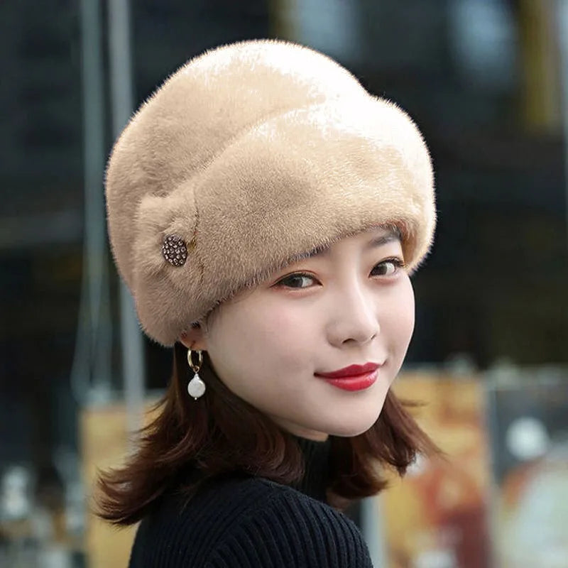 New Winter Warm Hat Imitation Mink Fur Caps For Women Earflap Fisherman Earwarmer Hat Floral Basin Cap