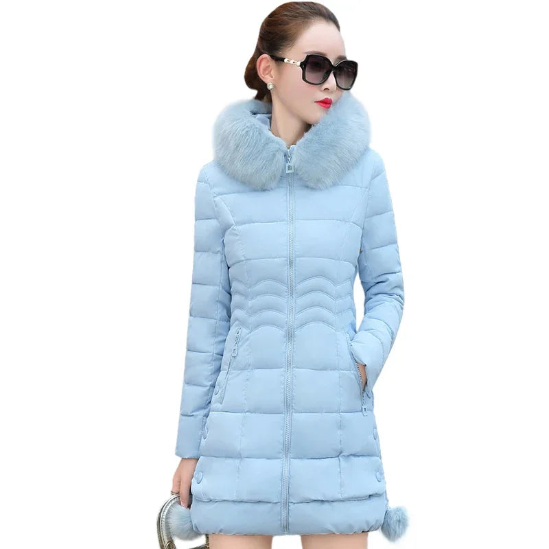 Winter Jacket Women 2025 winter coat pure color casual Fur Collar Hooded long hooded cotton lady jacket