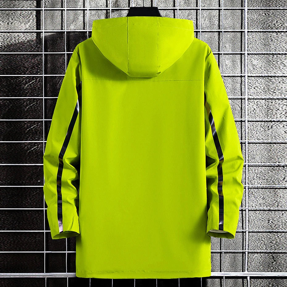 Windbreaker Jacket Men 8XL Plus Size Long Jackets Reflective Strip Design Hooded Coats Camp Jackets Male Outerwear Outdoor
