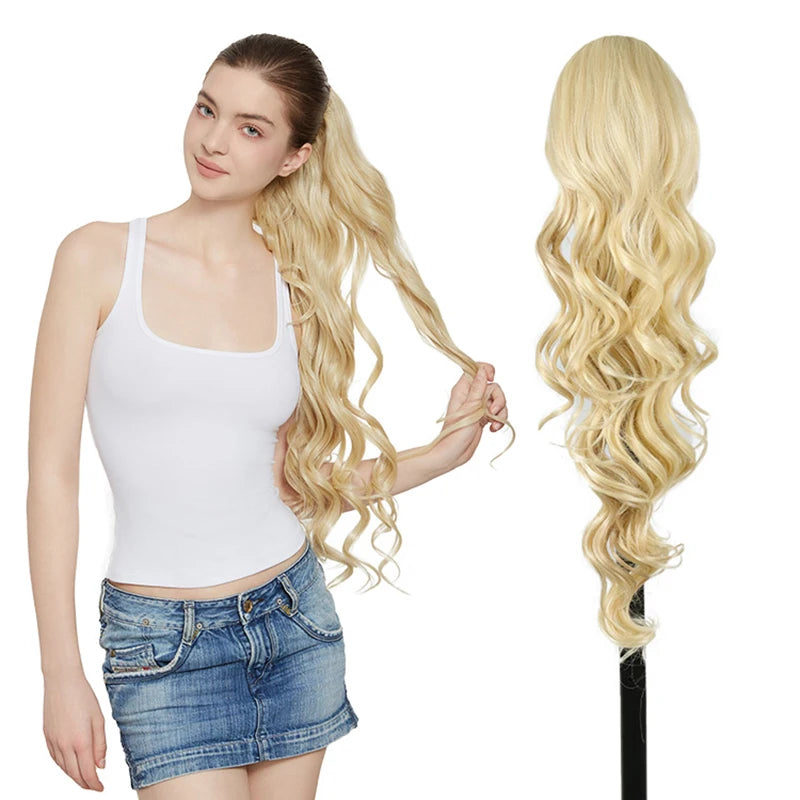 Julianna Synthetic Kanekalon Black Drawstring Water Wave Ponytail Extension Female Curly Wavy Clip In Ponytail Hair Extension