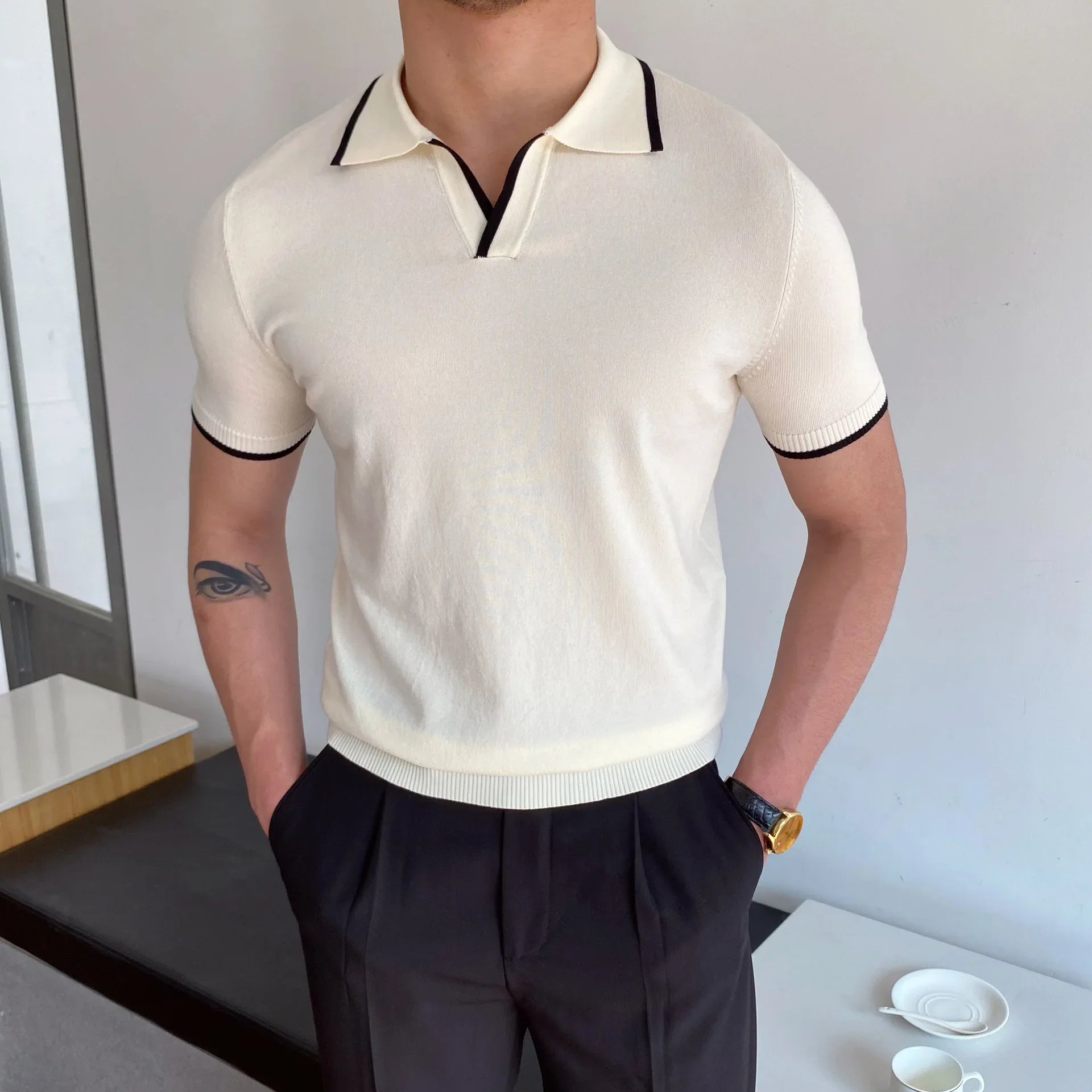 Men's Polo Shirt Elbow-Sleeved T-shirt Fashion Polo Collar Slim-Fit Men Clothing Woolen Sports Polo Tee Shirt Man Golf Shirt EUR Beauty hair & fashionfj
