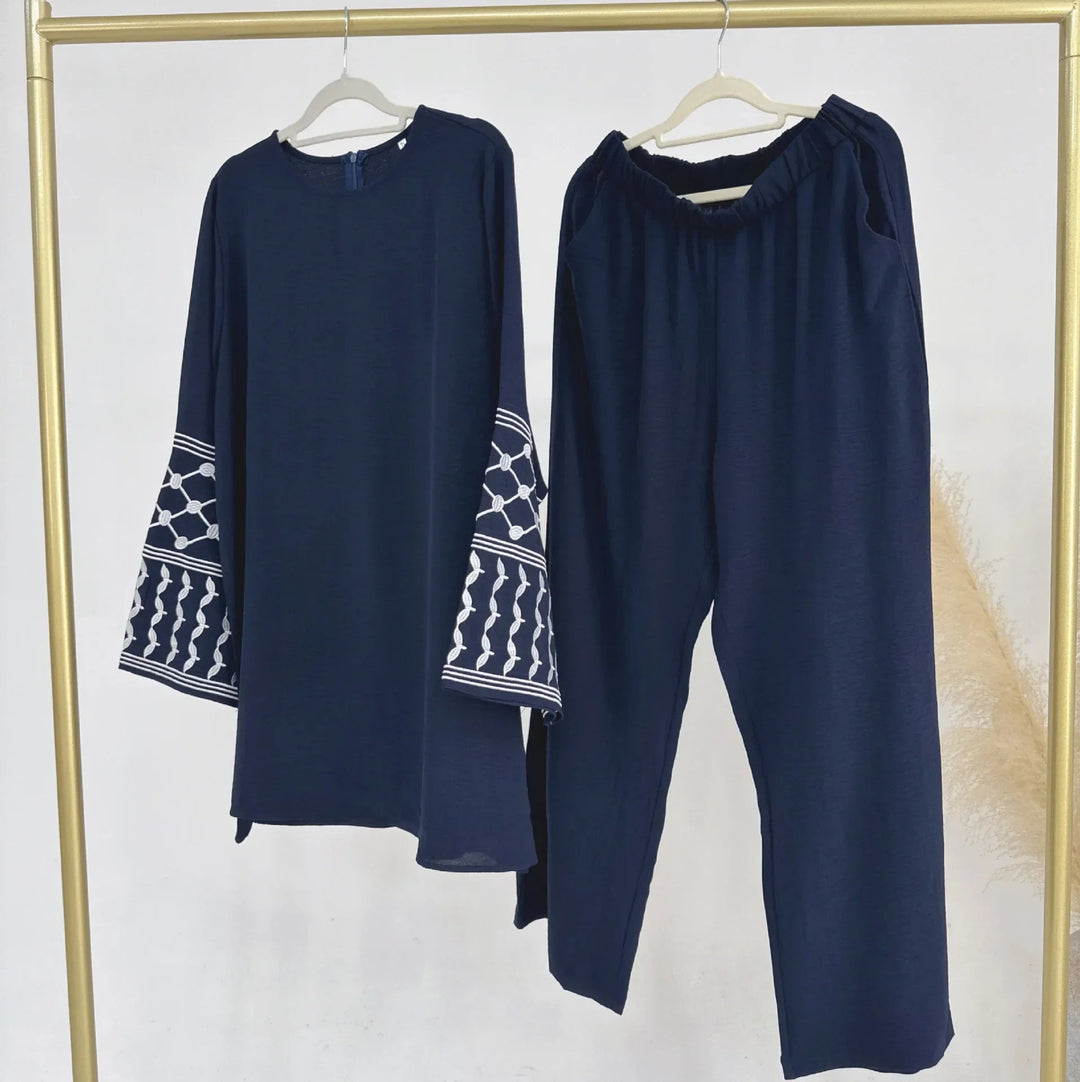 2PCS Embroidery Muslim Women Long Sleeve Tops Pants Set Dubai Turkey Outfits Islamic Clothing Kebaya Eid Ramadan Robe Abaya Suit Beauty hair & fashionfj