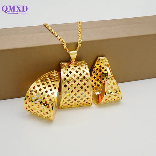 Fashion Dubai Jewelry Sets Gold Color Pendant Copper Classic Earrings Necklace For Women Daily Wear Party Anniversary Gifts