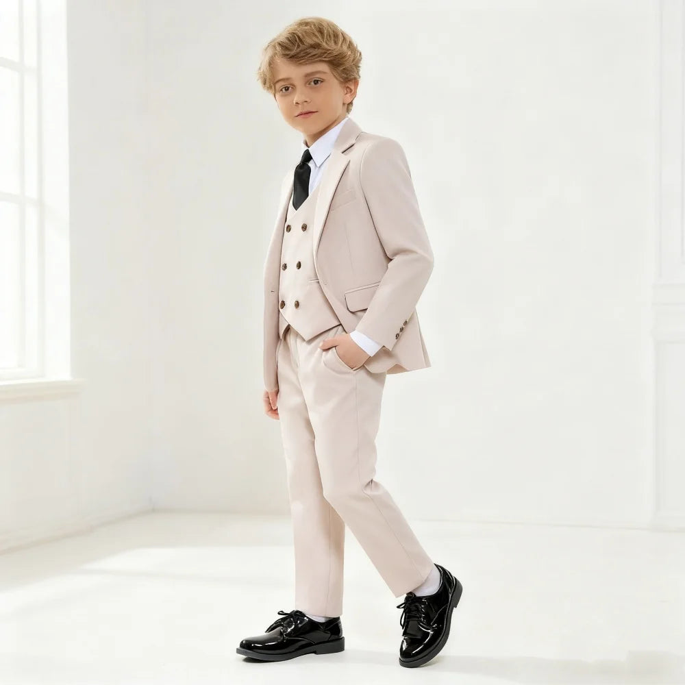 Stylish Boys'  Solid Suits for Boys 3-Piece Smart Handsome Boy's Tuxedo Formal Outfit For Kids Blazer Vest And Pants For Party
