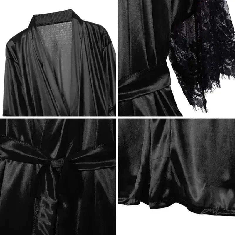 Women Night Gown Robe with G String Floral Lace Bathrobe Halt Sleeve Nightdress Female French Sexy Silky Satin Sleepwear Beauty hair & fashionfj