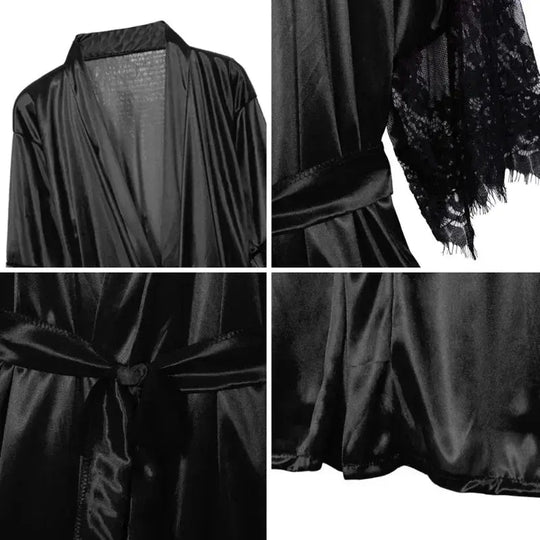 Women Night Gown Robe with G String Floral Lace Bathrobe Halt Sleeve Nightdress Female French Sexy Silky Satin Sleepwear Beauty hair & fashionfj