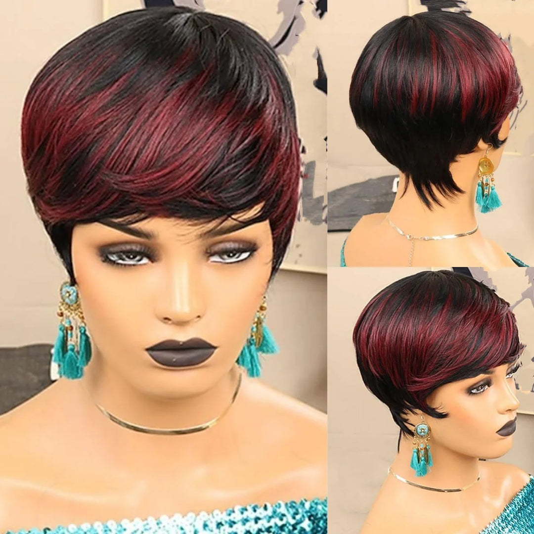 WIGERA Highlight Synthetic Short Straight Pixie Cut Hair Bob Wig Ombre Honey Blonde Mix Black Bronw Layered Hair Wigs For Woman