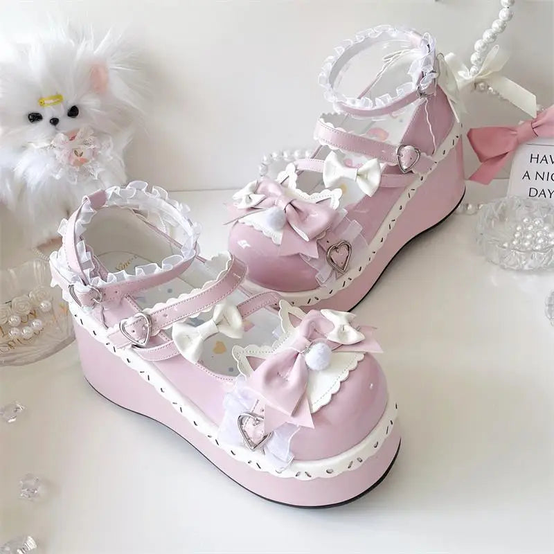 Sweet Girls Lolita Cute Bowknots Platform Shoes Kawaii Love Buckle Alice Flat Elevator Shoes Mary Janes Beauty hair & fashionfj