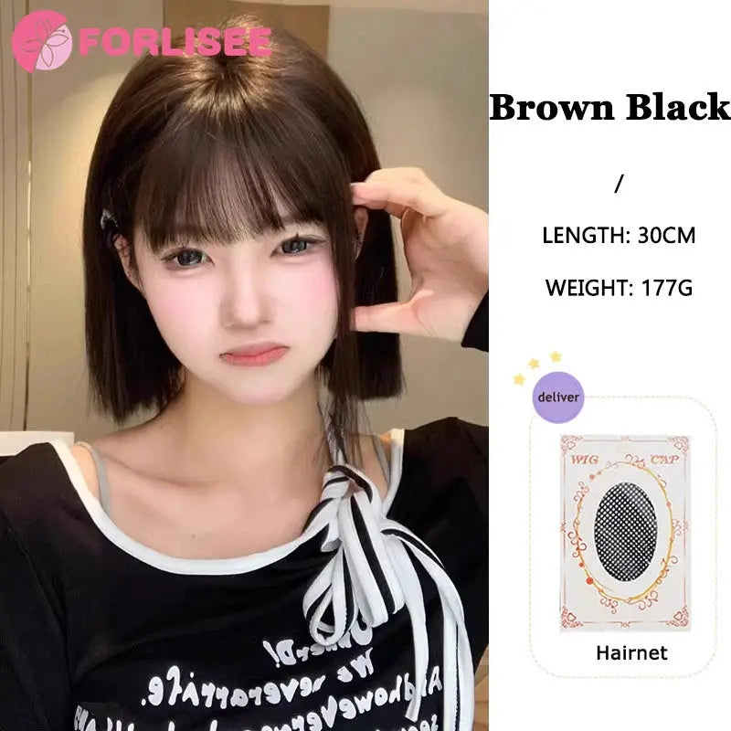 FORLISEE Synthetic Wig Short Black Brown with Bangs for Women Bob Straight Wig High Temperature Daily Cosplay Party Wigs Beauty hair & fashionfj