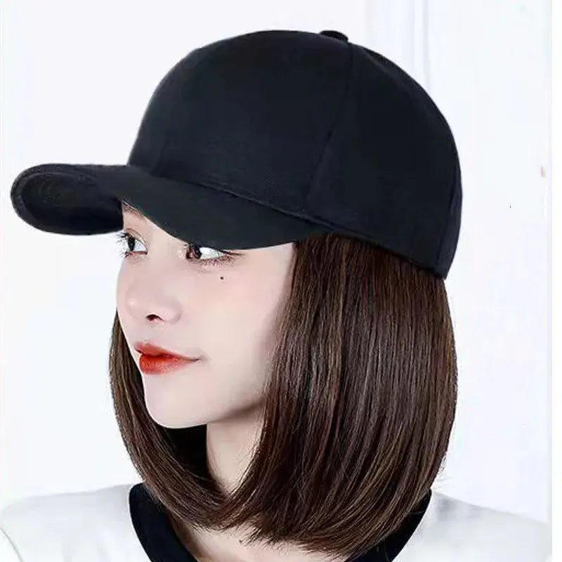 Fashion 8inch Hat Wigs Black Golden Synthetic Short Bob Straight Wig With White Black Baseball Cap Adjustable Hat Wigs For Women Beauty hair & fashionfj