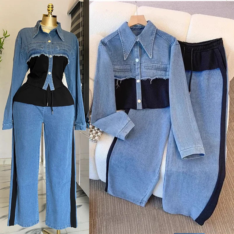 Two Piece Sets Women Pant Set Denim Splice Matching Sets Spring Top Wide Leg Long Pants Casual Loose Lace Up High Waist Jogger Beauty hair & fashionfj