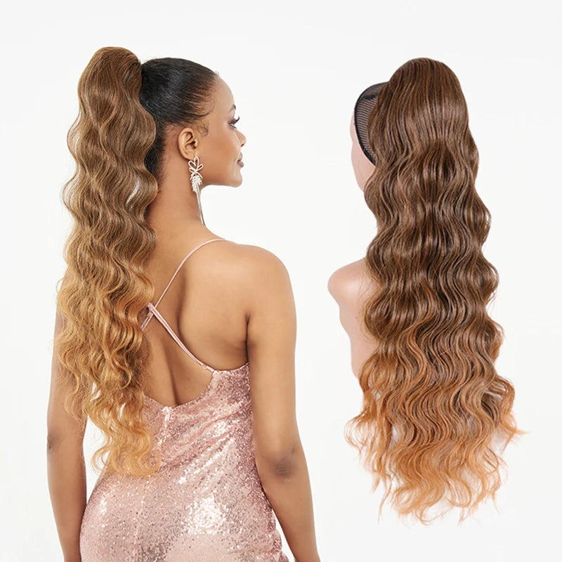 Julianna Synthetic Kanekalon Black Drawstring Water Wave Ponytail Extension Female Curly Wavy Clip In Ponytail Hair Extension