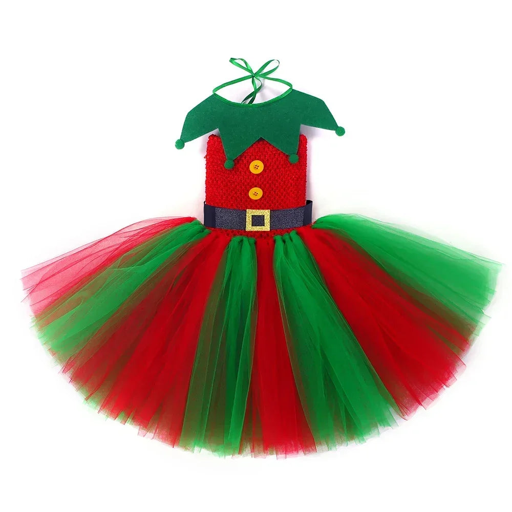 Christmas Elf Costume for Girls Xmas Holiday Party Tulle Dress Up Clothes Toddler Kids Red Green Elf Tutu Princess Dress Outfit
