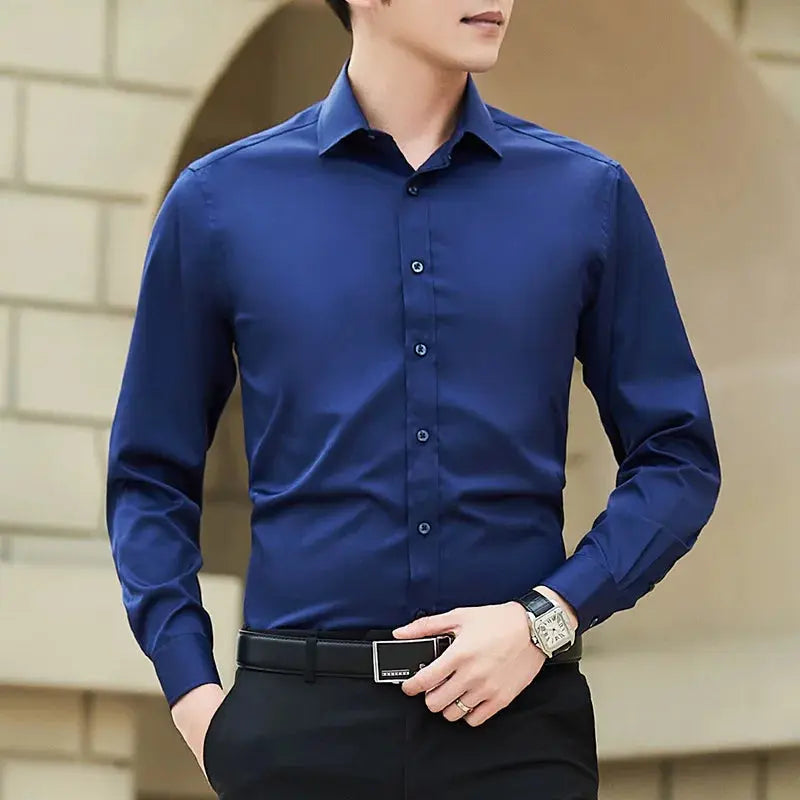 New Plus Size Men Solid Color Business Shirt Fashion Classic Basic Casual Slim White Long Sleeve Shirt Brand Clothes Beauty hair & fashionfj