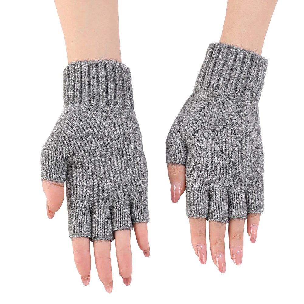 Rimiut Women Fashion Autumn Winter Half finger gloves knitted with grid pattern Solid color gloves