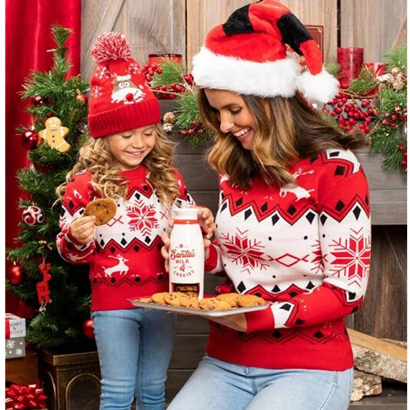 Xmas Mom and Daughter Matching Clothes Warm Thick Christmas Sweater Full Sleeve O Neck Knitwear Casual Soft Jumpers Pullover Top