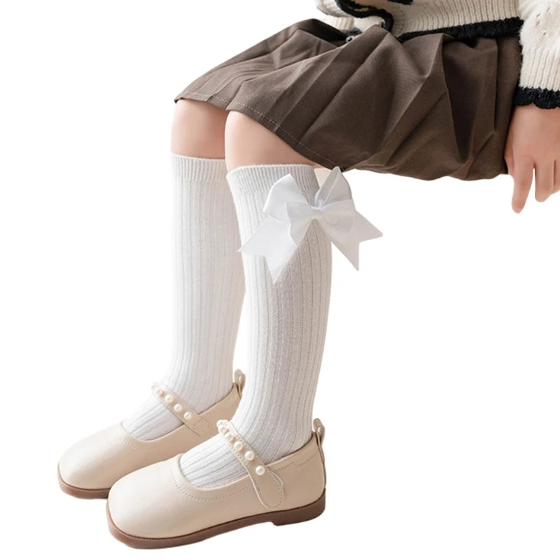 Pairs Girls Knee High Socks with Big Ribbons Bow, Back to School Socks Cotton Socks Uniform Party Wear Long Socks
