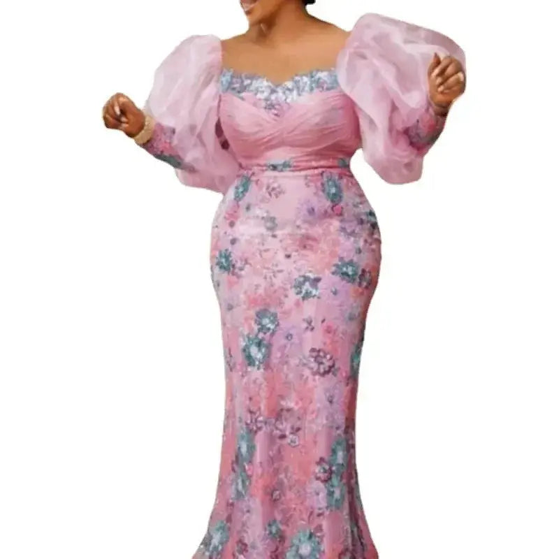 African Wedding Party Dresses for Women Autumn Africa Elegant Long Sleeve Pink Evening Long Robes African Gowns African Clothing Beauty hair & fashionfj