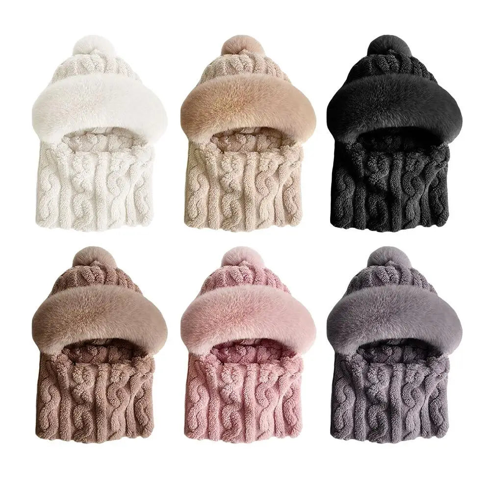 Winter Hat For Women Hooded Face Mask Fluff Keep Warm Thicken Style Neck Scarf Hooded Cap Beanie Knitted Cashmere Neck Warmer