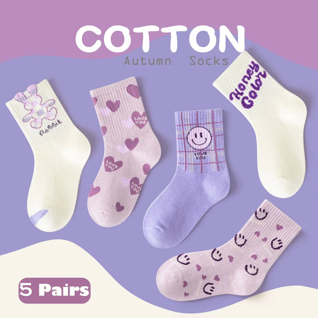 5 Pairs Girls Socks Cotton Socks Spring Autumn Letter Pattern Calf Socks A Class Sporty Socks
