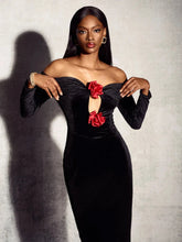 Elegant Off Shoulder Velvet Gown with Red Rose Appliqué – Black Romantic Dinner Luxury Evening Events Long Dresses Vestidos Beauty hair & fashionfj