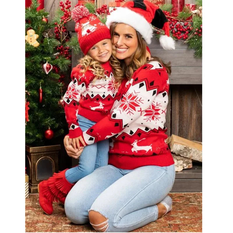 Xmas Mom and Daughter Matching Clothes Warm Thick Christmas Sweater Full Sleeve O Neck Knitwear Casual Soft Jumpers Pullover Top
