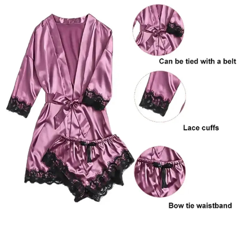 Women's Summer Sexy Pajama Pants Set 4 Pieces Lace Satin With Silk Sleepwear Robe Fashion And Comfortable Nightwear Beauty hair & fashionfj