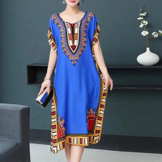 Summer Trend Ethnic V-Neck Printed Women's Dress Vintage Elegant Batswing Sleeves Elastic Waist Large Swing Casual Holiday Dress Beauty hair & fashionfj