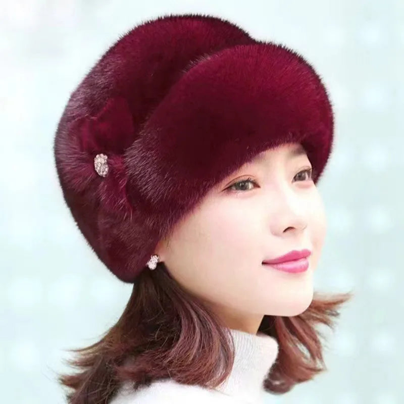 New Winter Warm Hat Imitation Mink Fur Caps For Women Earflap Fisherman Earwarmer Hat Floral Basin Cap