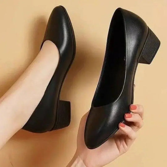 2025 New Arrival Women's Low-Heel Pumps Black Genuine Leather Formal Shoes Slip-On Commuter Comfortable Mid-Heel Beauty hair & fashionfj