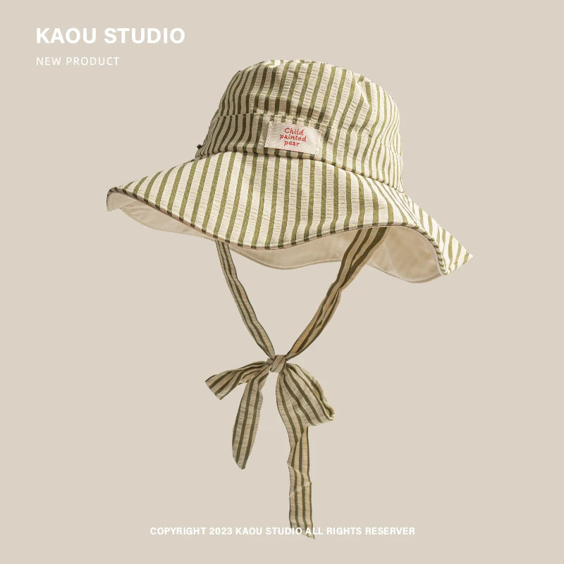Korean Version Ins Retro Striped Big Brim Sun Hats for Women Summer Travel Sunscreen Versatile Fashion Strap Bucket Hat Beauty hair & fashionfj