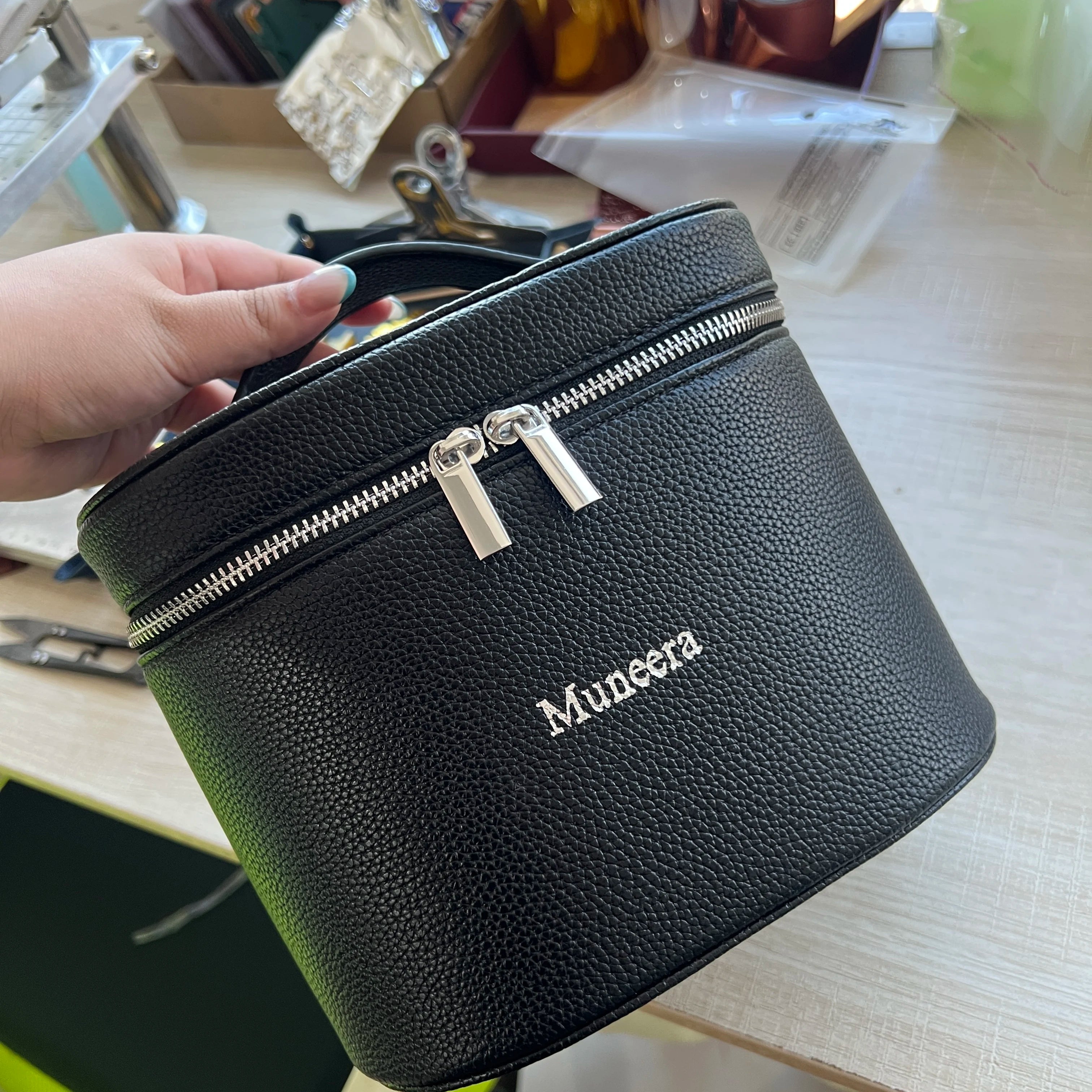 Customizable Name Portable Travel Storage Bag - Removable Cosmetic Bag with Separate Washing Compartment Pebble Leather