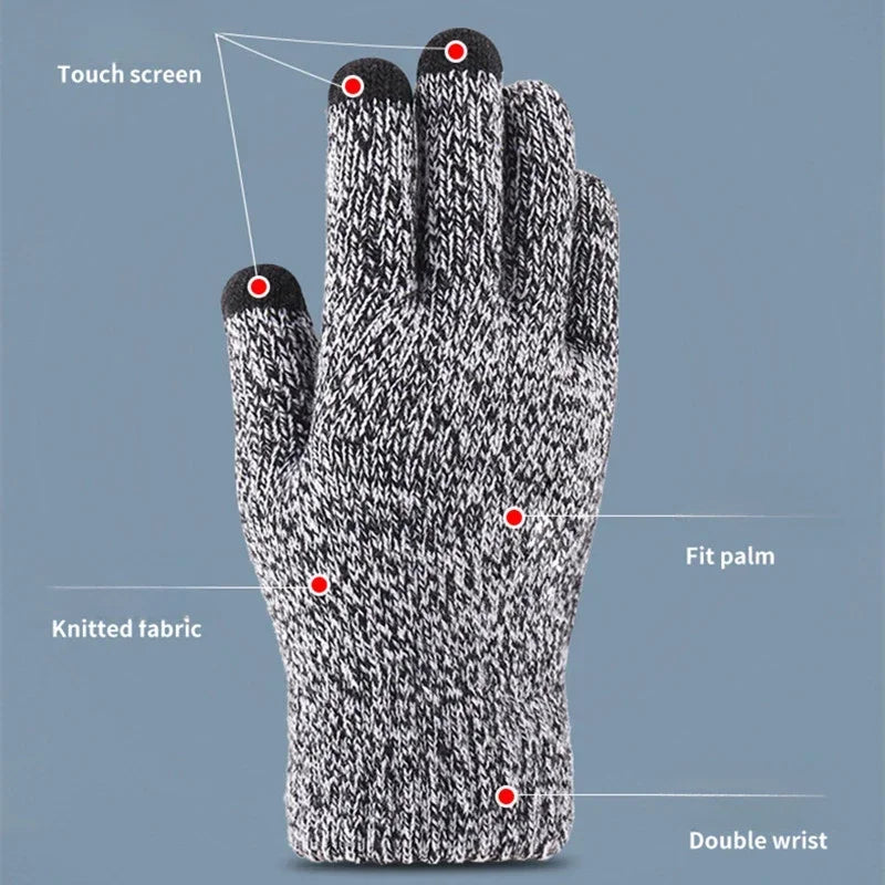Winter Knitted Gloves Men Warm Full Finger Touchscreen Anti-Slip Gloves for Cycling Running Driving Hiking Camping Work Mittens