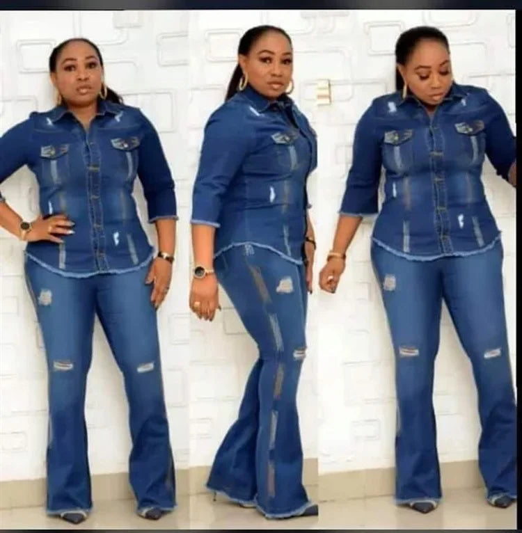 Two Piece Set Women Cowboy Suit Jean Jacket Single Breasted Turndown Collar Hole Flare Pants Female Outfits Casual Ensemble Beauty hair & fashionfj