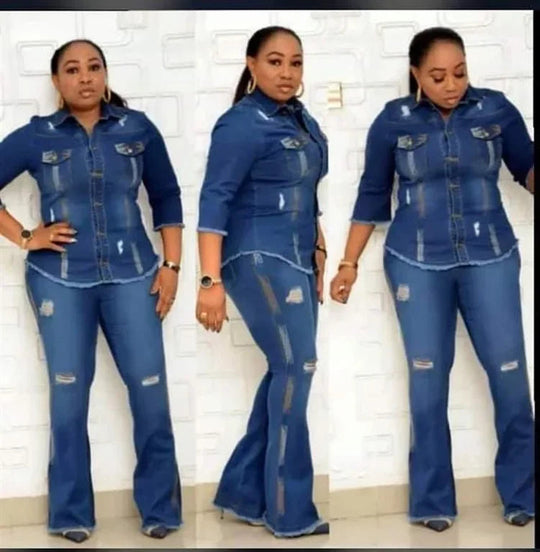 Two Piece Set Women Cowboy Suit Jean Jacket Single Breasted Turndown Collar Hole Flare Pants Female Outfits Casual Ensemble Beauty hair & fashionfj