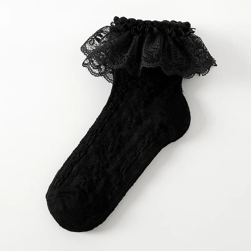 1 Pair Baby Girls Kids Socks Lace Ruffle Princess Mesh Children Short Breathable Cotton White Black Dance Toddler Socks