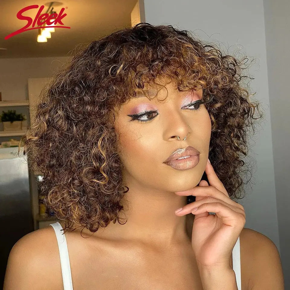 Jerry Curly Short Pixie Bob Cut Human Hair Wigs With BangsGlueless Wig Highlight Honey Water Wave Blonde Colored Wigs For Women Beauty hair & fashionfj