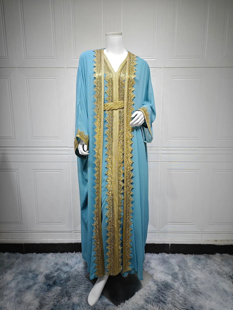 Eid Women Abaya Dress Muslim 2 Piece Set Cardigan with Inner Dress Lace-up Robe Caftan Robe Jalabiya Ramadan Morocco Kaftan 2025 Beauty hair & fashionfj