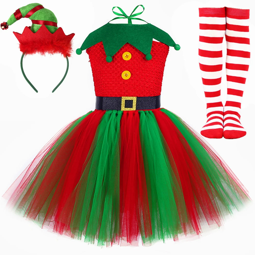 Christmas Elf Costume for Girls Xmas Holiday Party Tulle Dress Up Clothes Toddler Kids Red Green Elf Tutu Princess Dress Outfit