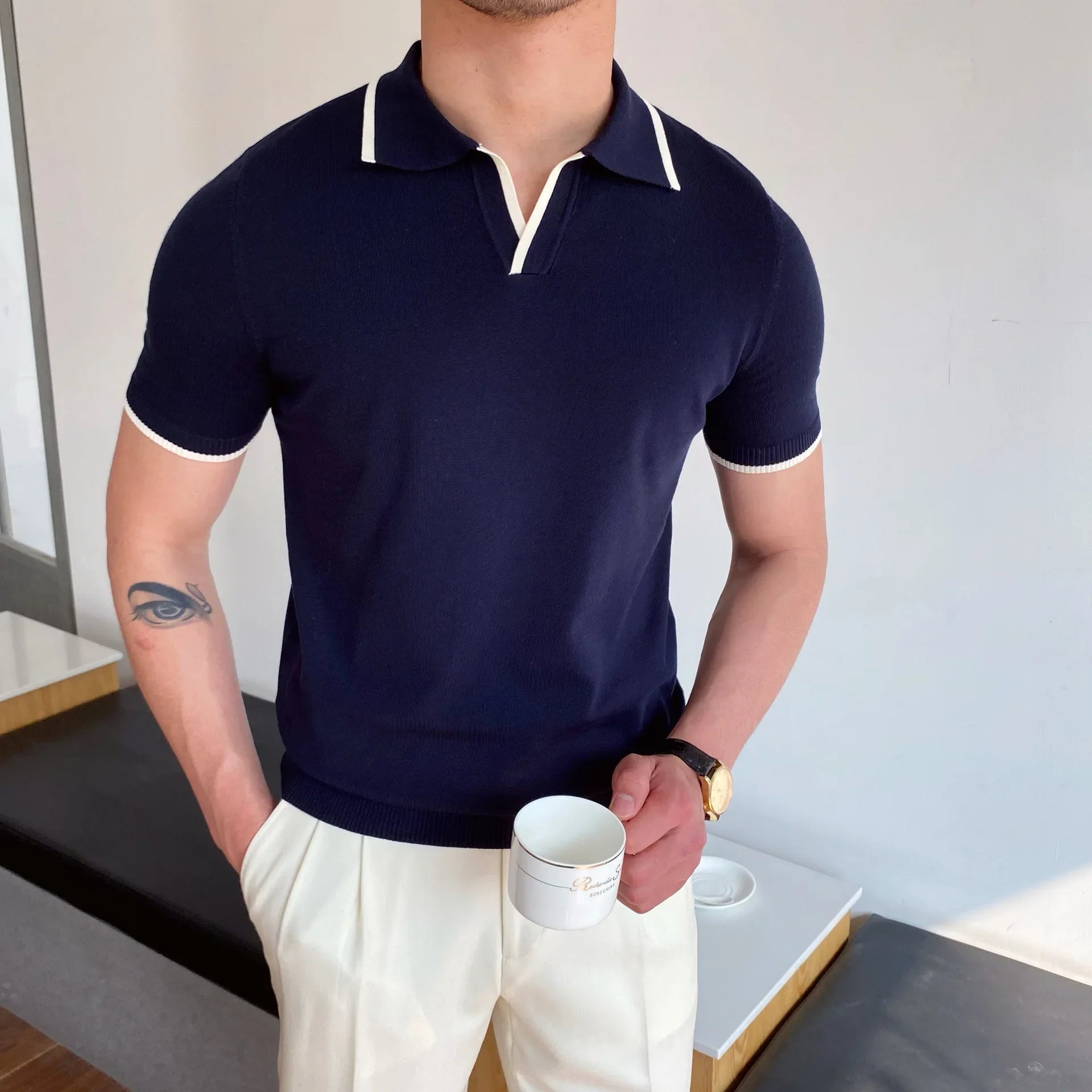 Men's Polo Shirt Elbow-Sleeved T-shirt Fashion Polo Collar Slim-Fit Men Clothing Woolen Sports Polo Tee Shirt Man Golf Shirt EUR Beauty hair & fashionfj