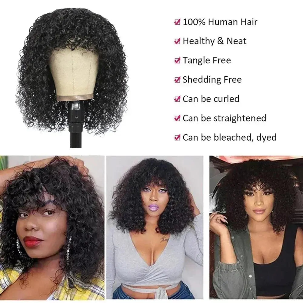 Curly Human Hair Wigs With Bangs 180% Density Water Wave Virgin Human Hair Full Machine Made Curly Glueless Wigs For Black Women Beauty hair & fashionfj