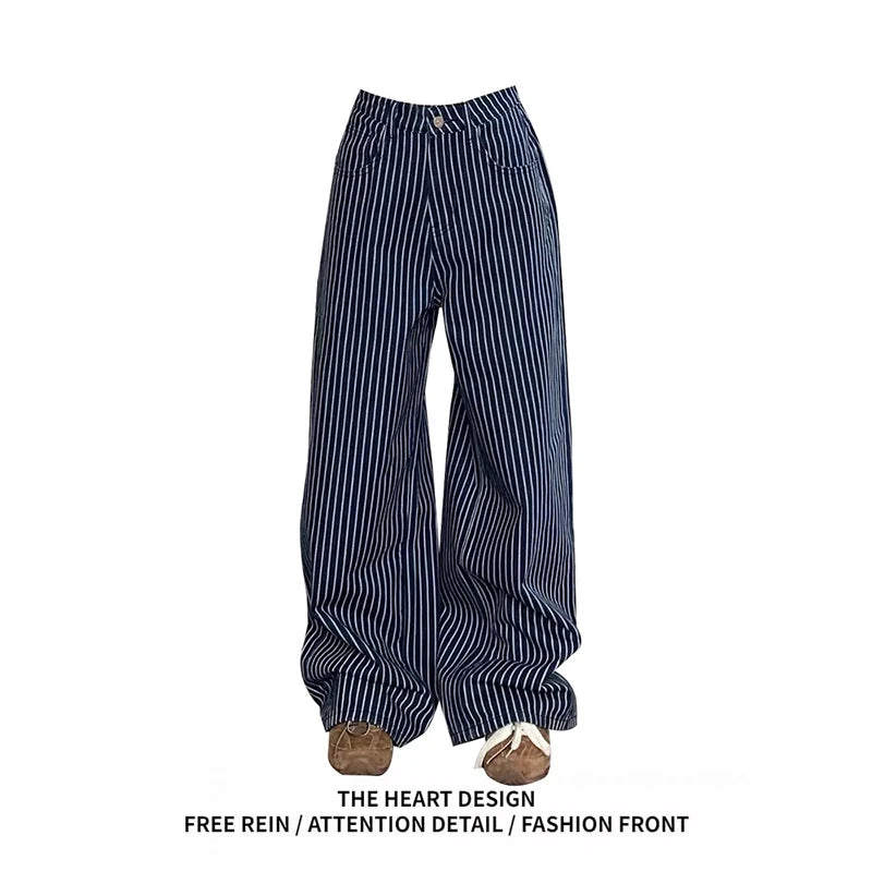 Autumn Y2K Vintage 90s Blue Striped High Waist Wide Leg Pants Women Long Loose Korean Trousers Full Length Bottom Jeans Pants Beauty hair & fashionfj