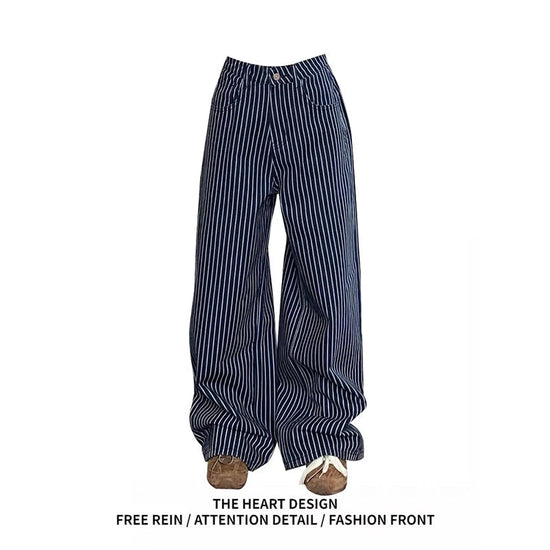 Autumn Y2K Vintage 90s Blue Striped High Waist Wide Leg Pants Women Long Loose Korean Trousers Full Length Bottom Jeans Pants Beauty hair & fashionfj